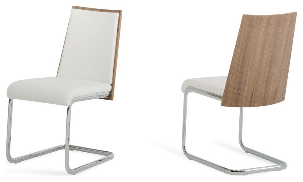 Set of 2 Modern White Faux Leather and Walnut Finish Dining Chairs