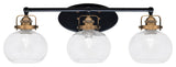 Easton 3 Light Bath Bar, Matte Black & Brass, 7" Clear Bubble Glass