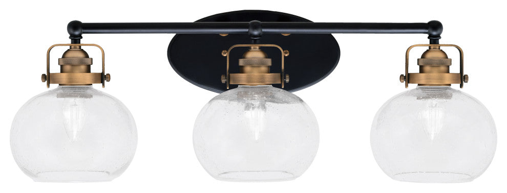 Easton 3 Light Bath Bar, Matte Black & Brass, 7" Clear Bubble Glass