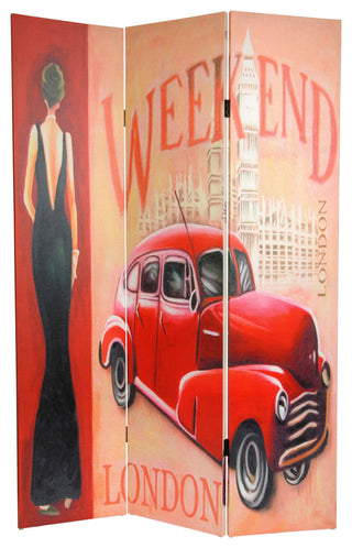 6' Tall Double Sided Vintage Weekend Canvas Room Divider, London