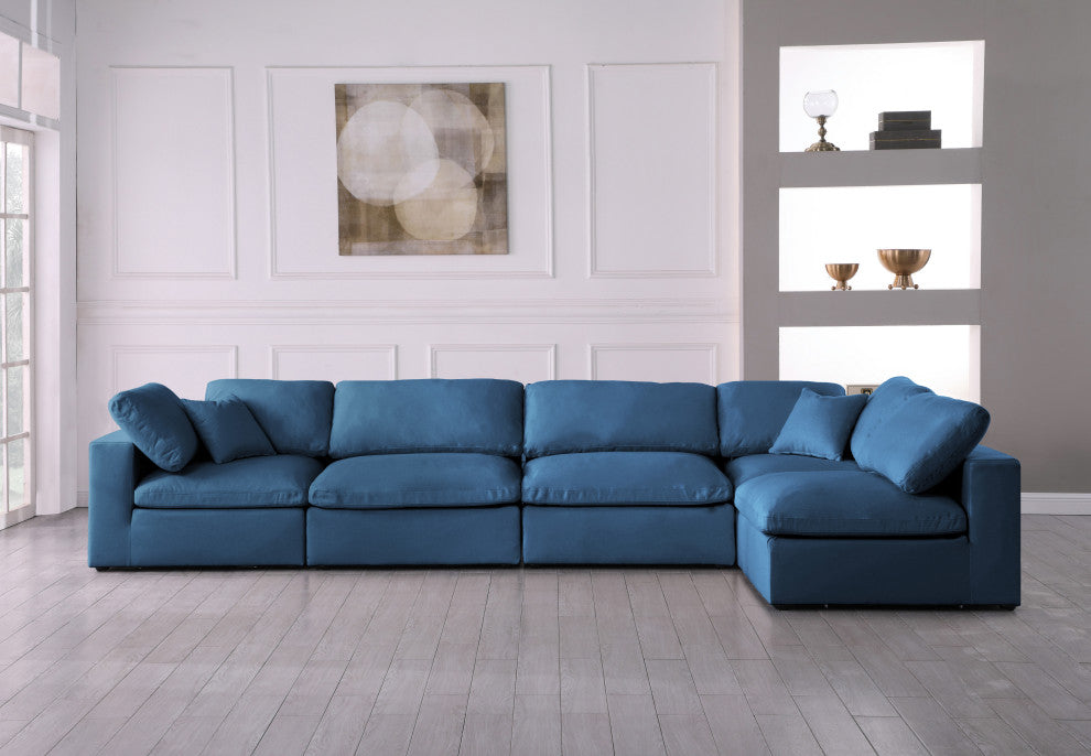 Plush Velvet / Down Standard Comfort L-Shaped Modular Sectional, Navy, 5-Piece: 3 Armless Chair, 2 Corner Chair