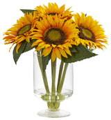 12" Sunflower Artificial Arrangement, Glass Vase