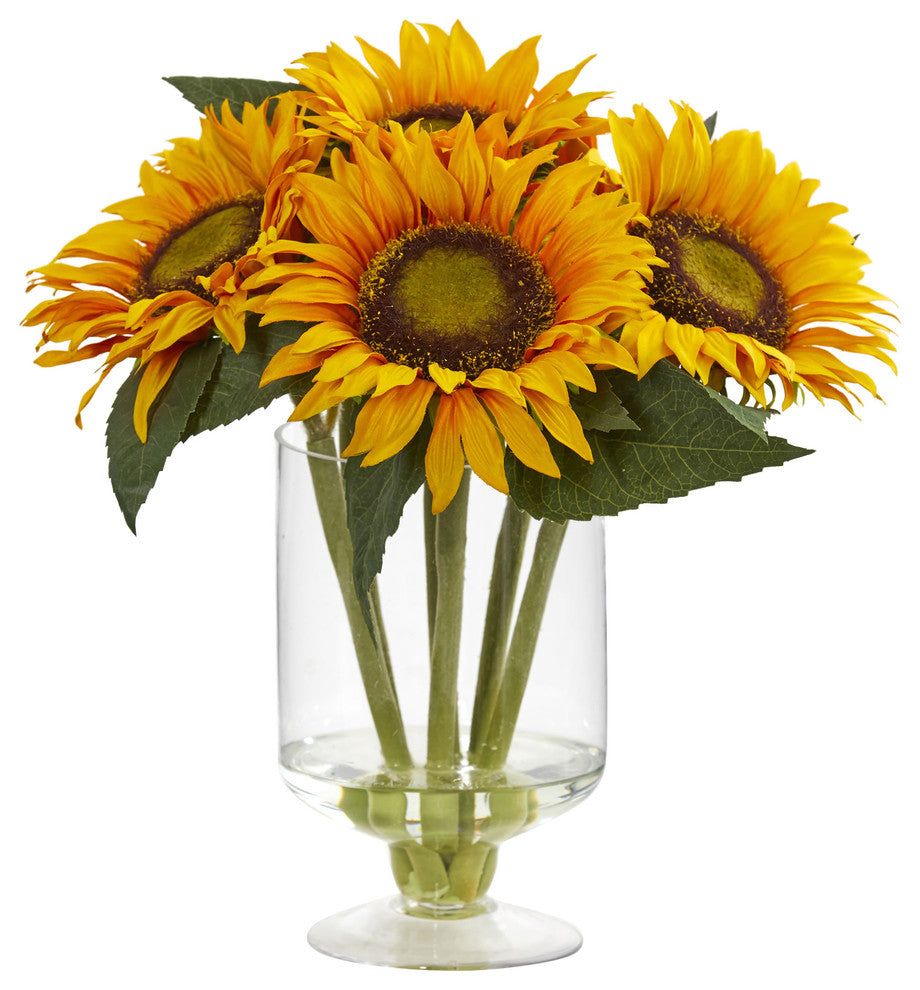 12" Sunflower Artificial Arrangement, Glass Vase
