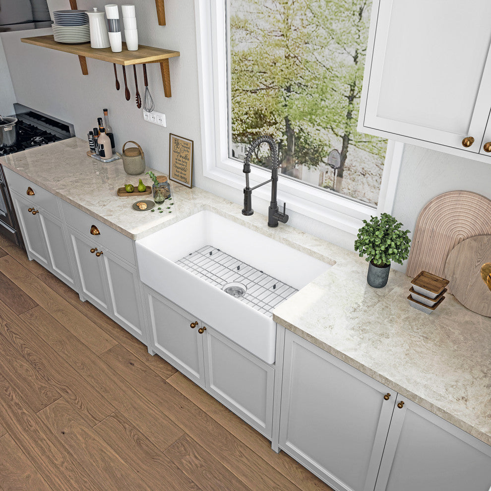 Sinber Farmhouse Apron Single Bowl Kitchen Sink with Fireclay 2 Accessories, White, 33" X 20"