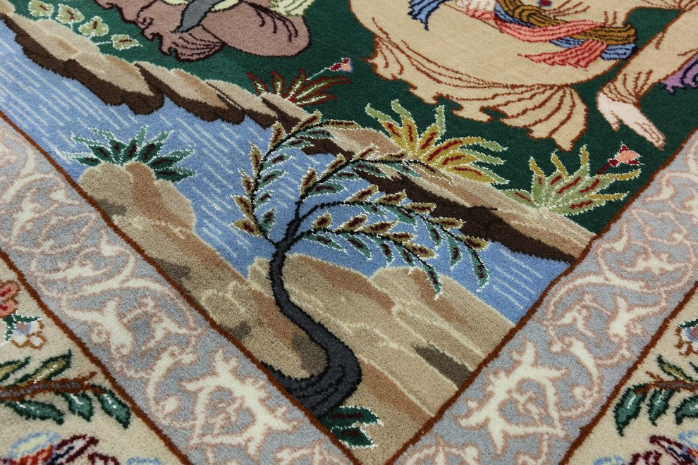 Authentic Persian Isfahan Pictorial Scene Hand Knotted Wool and Silk Rug, 4x6