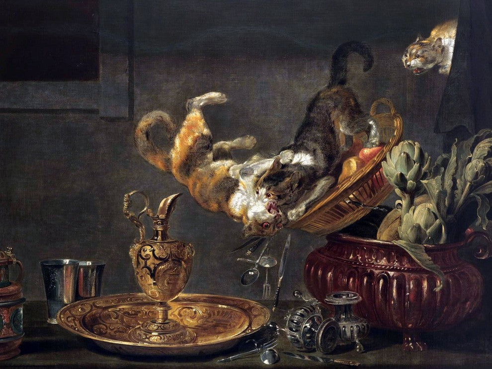 Tile Mural Tussling Cats On A Tabletop By Paul De Vos, 6"x8", Matte