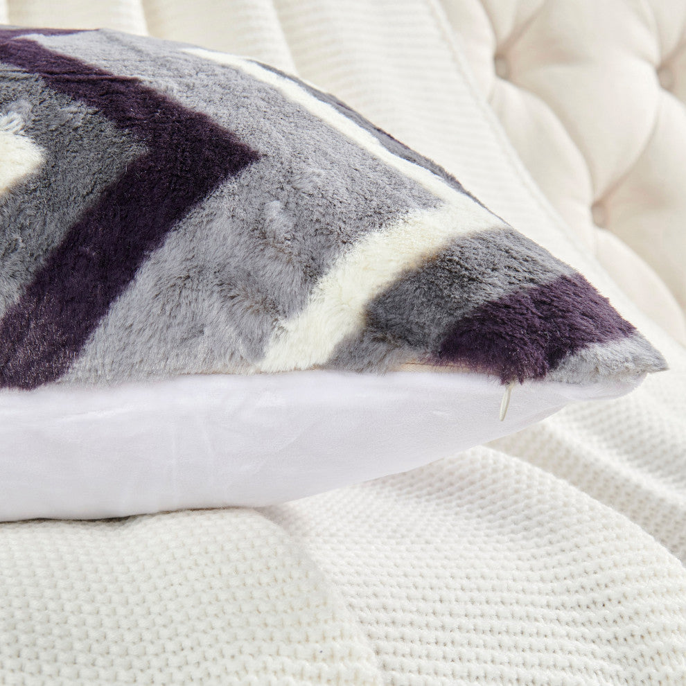 Chevron Faux Fur Pillow Shells, Set of 2, Gray Purple, 20"x20"