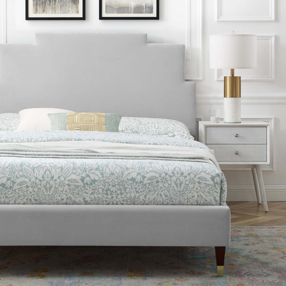 Platform Bed Frame, Queen Size, Velvet, Light Gray, Modern Contemporary