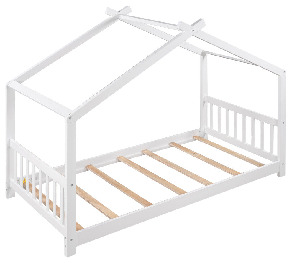 Gewnee Twin Size House Platform Bed with Headboard and Footboard in White