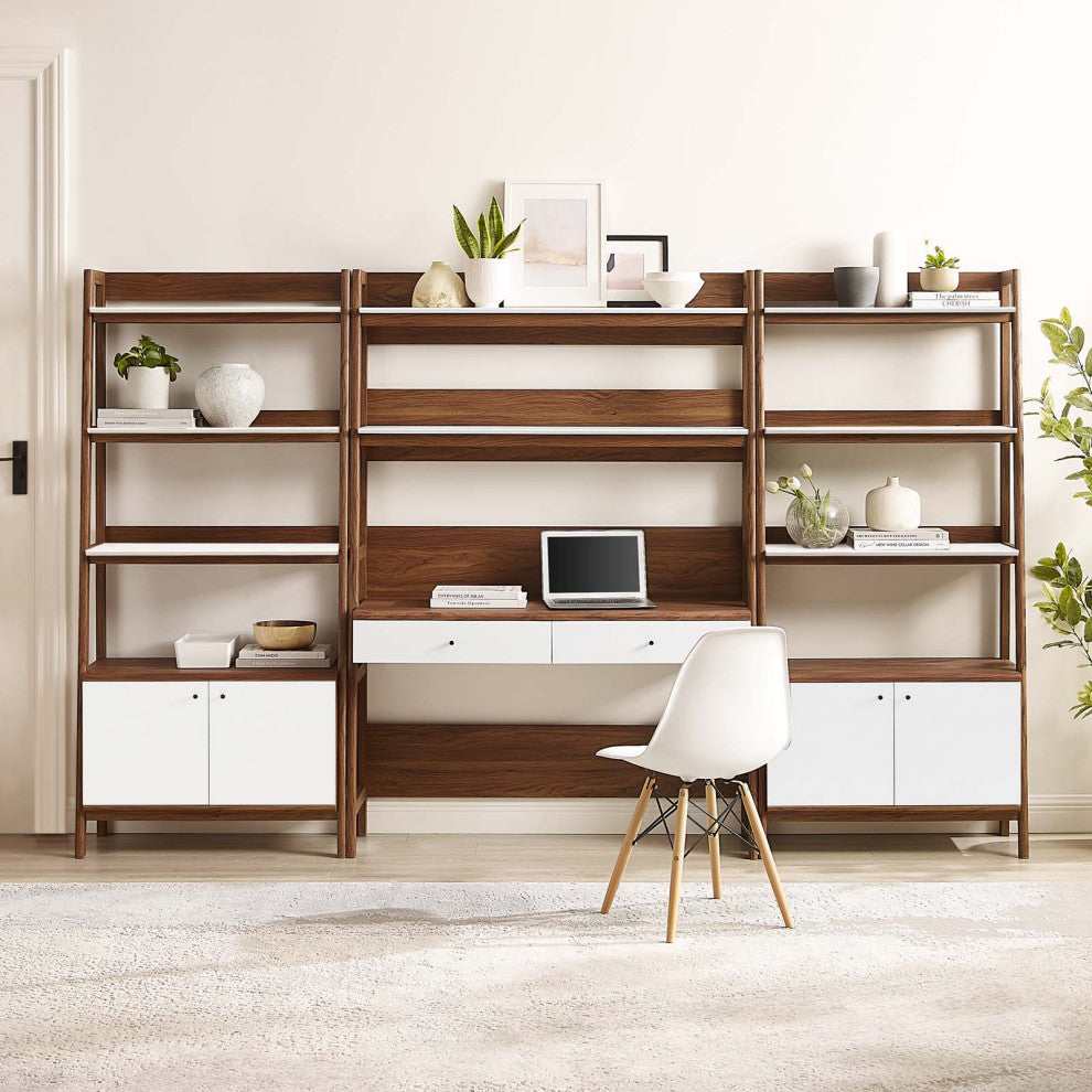 Bixby 3-Piece Wood Office Desk and Bookshelf, Walnut White
