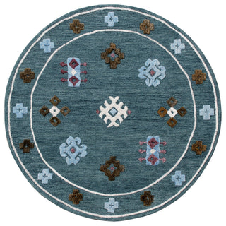 Hand Hooked Blue Bordered Geometric Round Rug, 5' Round