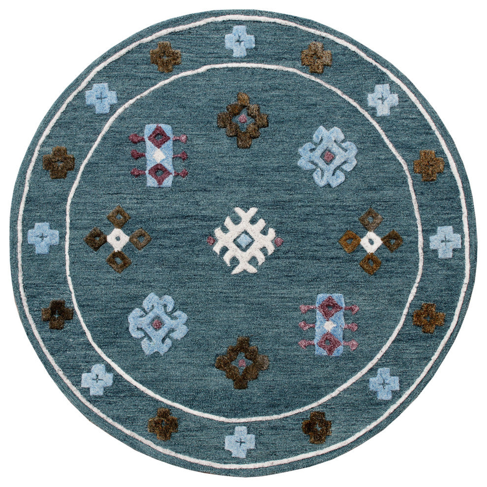 Hand Hooked Blue Bordered Geometric Round Rug, 5' Round
