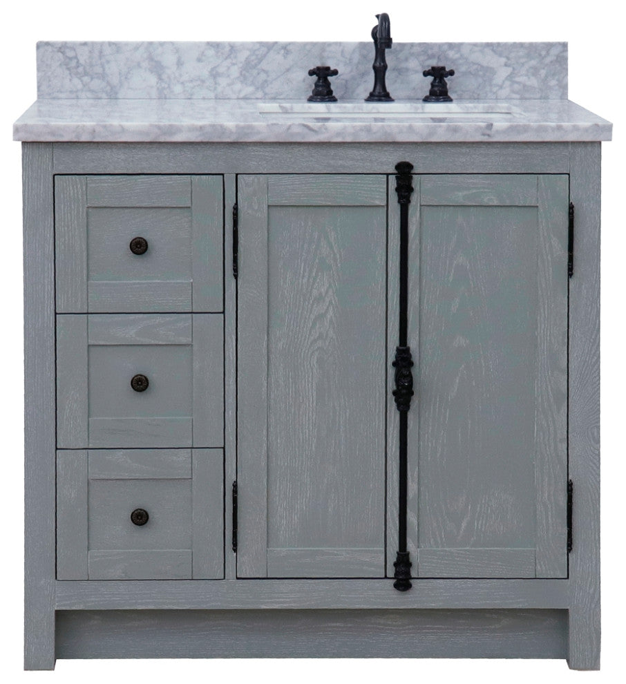 37" Vanity, Gray Ash With White Carrara Top, Right Doors/Right Rectangle Sink