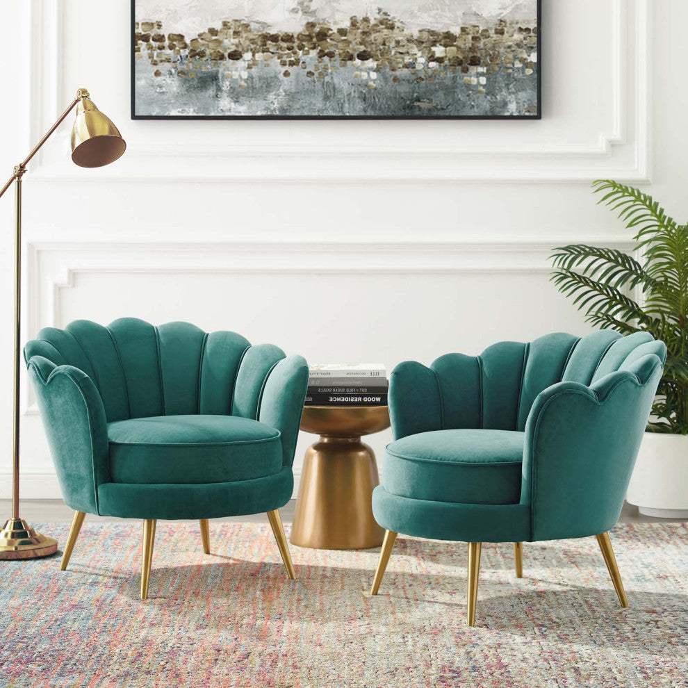 Armchair Accent Chair, Set of 2, Velvet, Metal, Teal Blue, Modern, Lounge