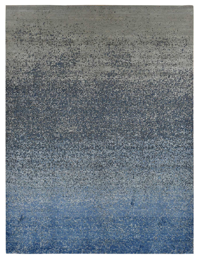 Yale Blue Wool and Silk Modern Gradation Design Hand Knotted Rug 10'x14'