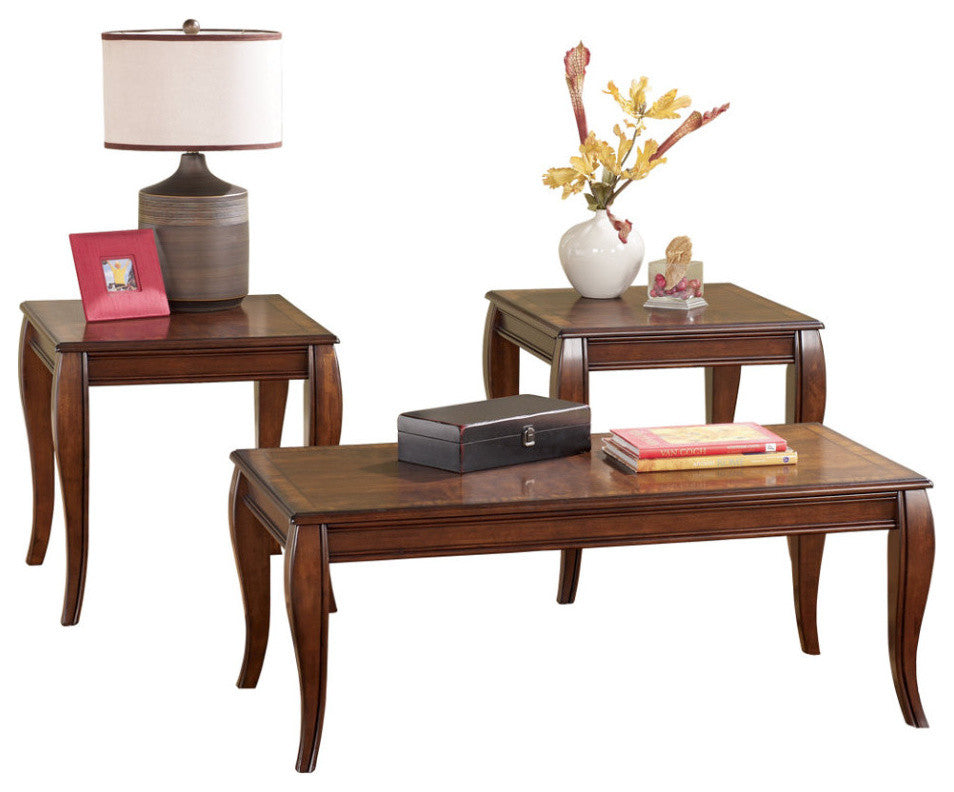 Wooden Table Set with Saber Leg Support, Set of Three, Brown