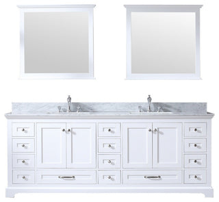 84" White Double Vanity, White Carrara Marble Top, White Sinks and 34" Mirrors