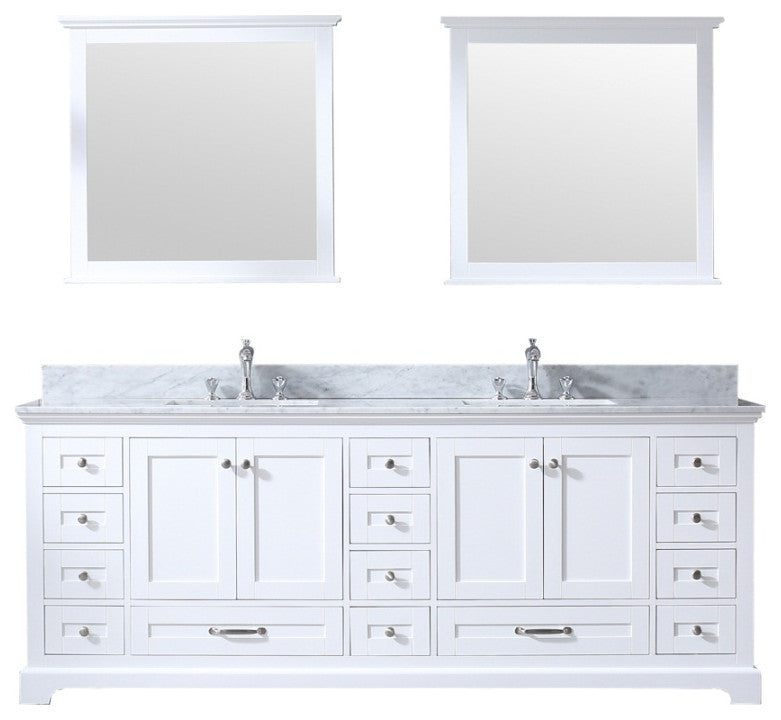 84" White Double Vanity, White Carrara Marble Top, White Sinks and 34" Mirrors