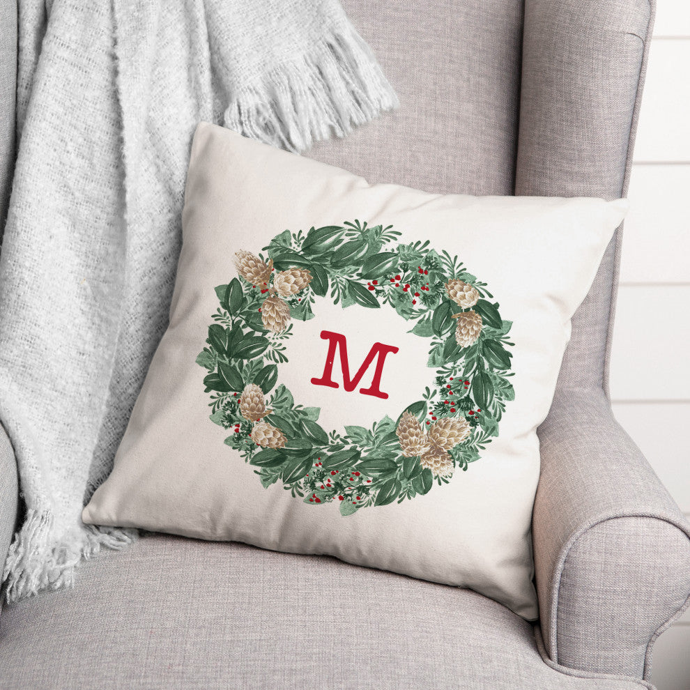 Christmas Wreath Monogram M 18x18 Spun Poly Pillow