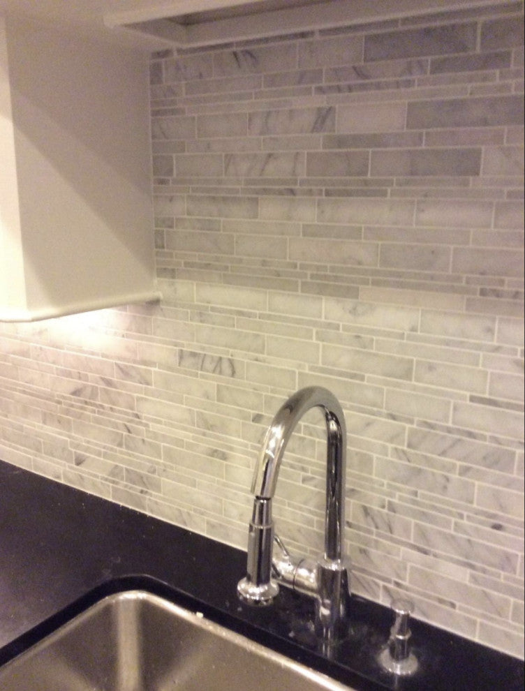 Carrara White Marble Random Strip Modern Brick Mosaic Tile Honed, 1 sheet