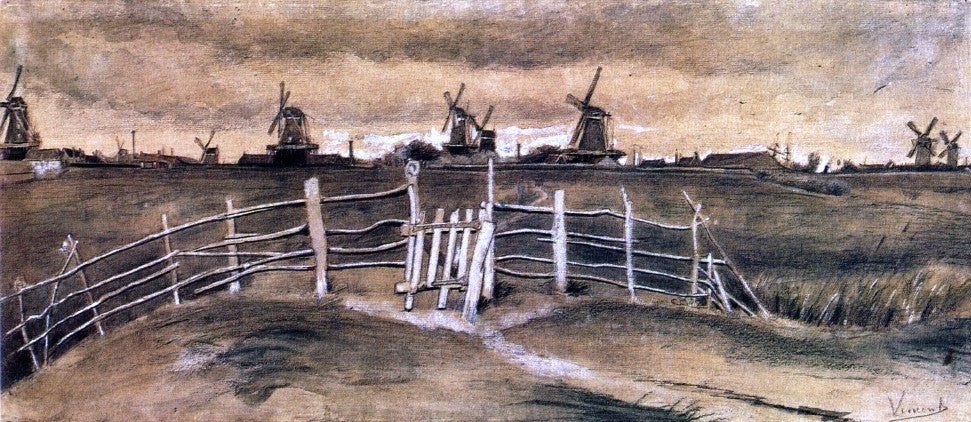Vincent Van Gogh Windmils at Dordrecht, 15"x30" Gallery Wrapped Canvas Print