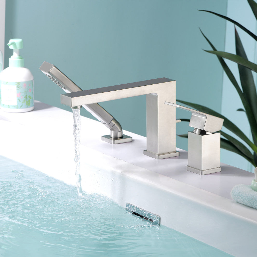 Luxier RTF17 Deck-Mount Roman Tub Faucet With Hand Shower, Brushed Nickel