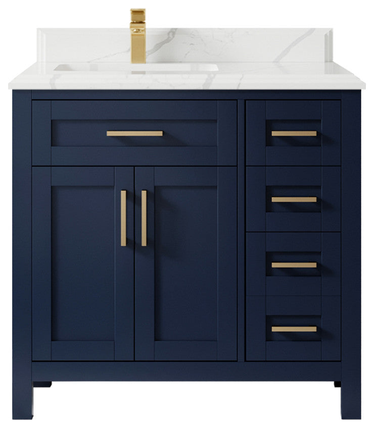 Cambridge 36 Left Offset Bath Vanity in Hale Navy Blue 1.5" Calacatta Laza