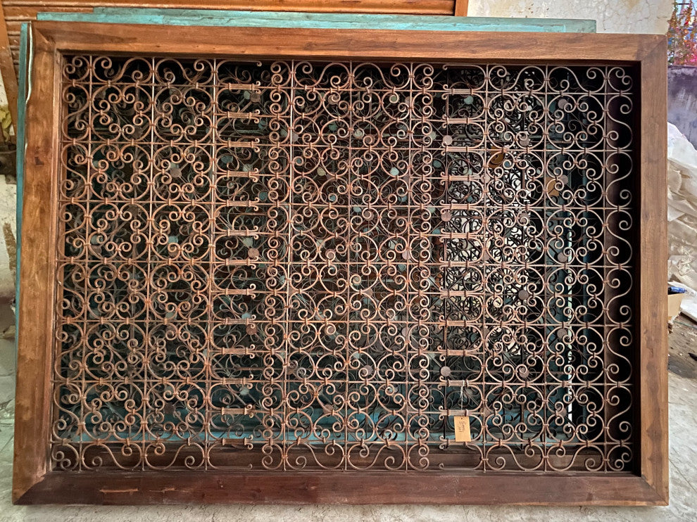 Large Wood Framed Open Iron Screen
