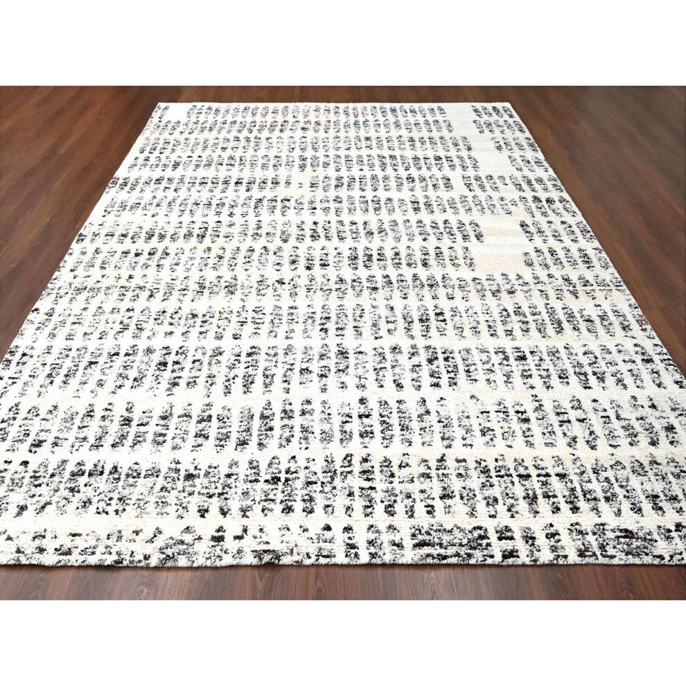 Vivid White Modern Design Organic Wool Hand Knotted Oriental Rug, 10'2"x13'9"