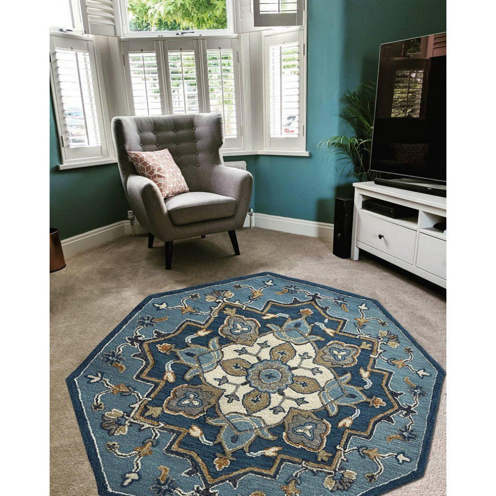 5" Round Blue Traditional Medallion Area Rug