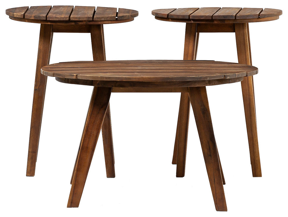 3-Piece Acacia Round Coffee Table and Side Tables - Dark Brown