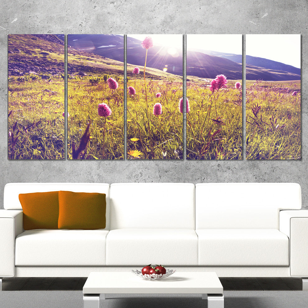 Mountain Pasture with Pink Flowers, Large Flower Canvas Print, 60"x28", 5 Panels