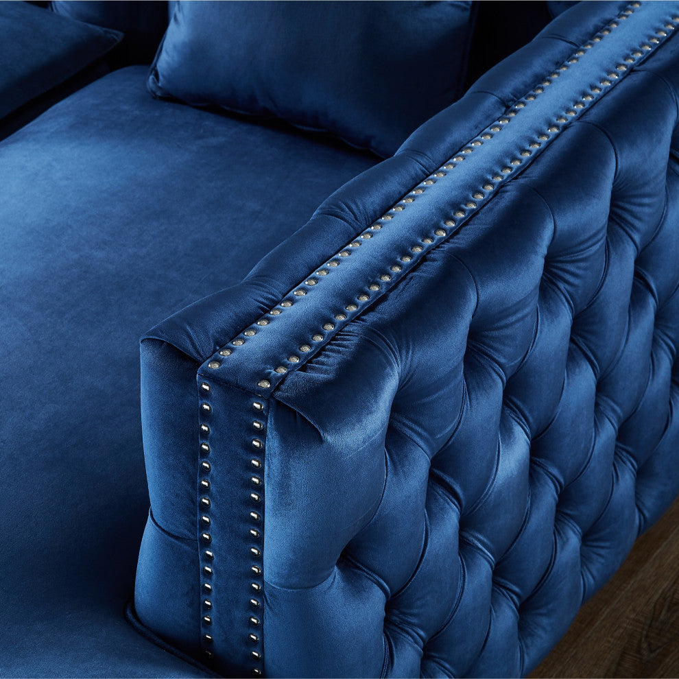 Jeannie 120" Velvet Corner Sectional Sofa, Navy, Left Facing