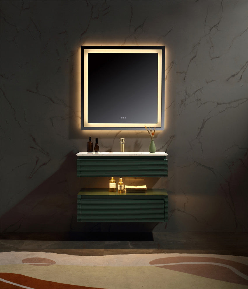 36" Solid Wood Wall-Mounted Bath Vanity Set, Green