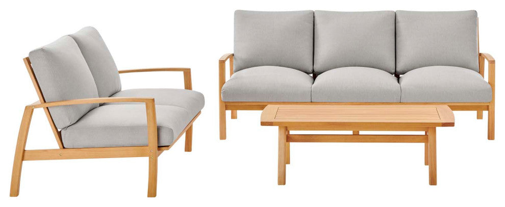 Lounge Chair Chaise Table Set, Wood, Brown Natural Gray, Modern, Outdoor