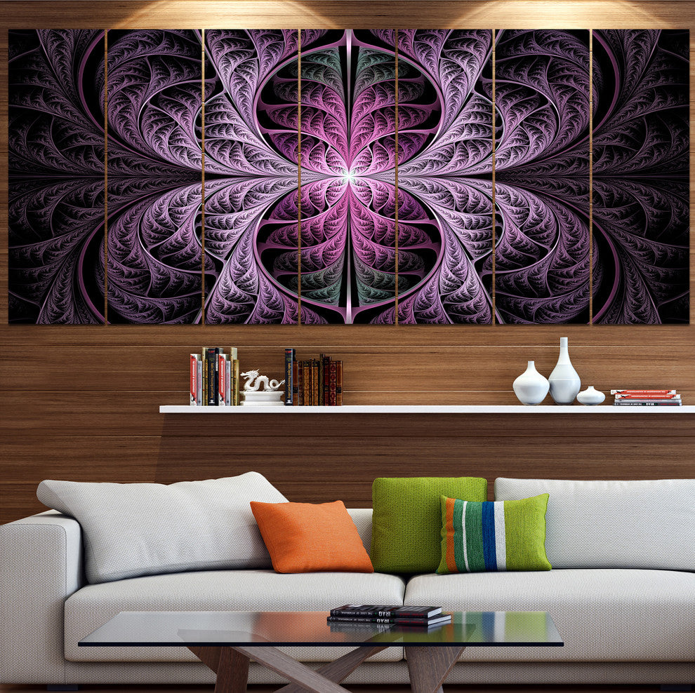 Purple Glowing Fractal Stained Glass, Abstract Canvas Print, 83"x32", 7 Panels