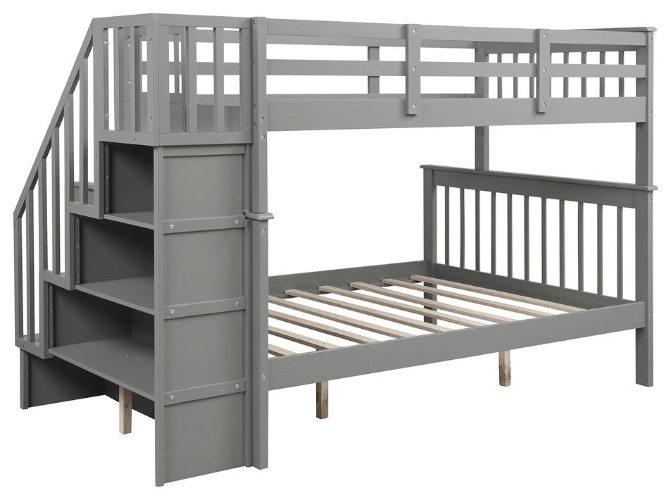 Gray Twin Over Full Contemporary Bunk Bed With Stairs And Shelves