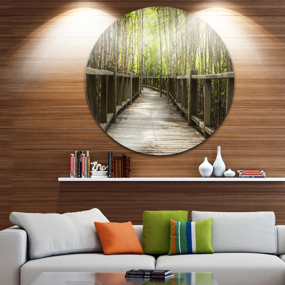 Wooden Bridge In Forest, Landscape Photography Round Metal Artwork, 11"