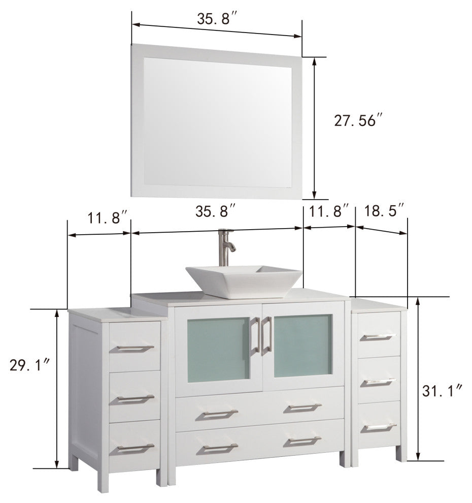 Vanity Art Vanity Set With Vessel Sink, White, 60", Standard Mirror
