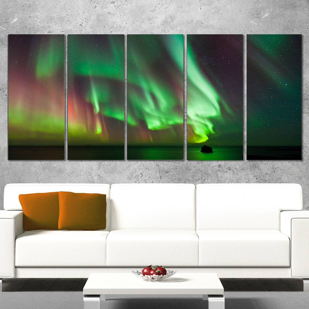 Green Northern Lights Aurora, Large Abstract Canvas Wall Art, 60"x28", 5 Panels