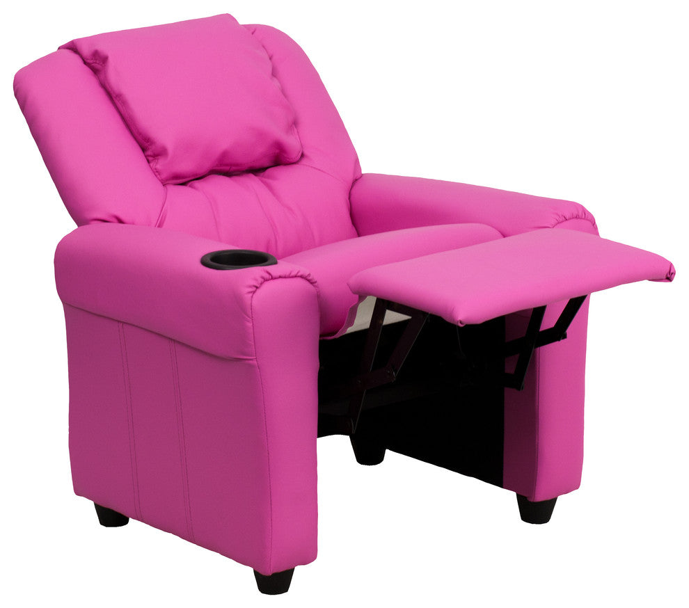 Contemporary Hot Pink Vinyl Kids Recliner With Cup Holder and Headrest