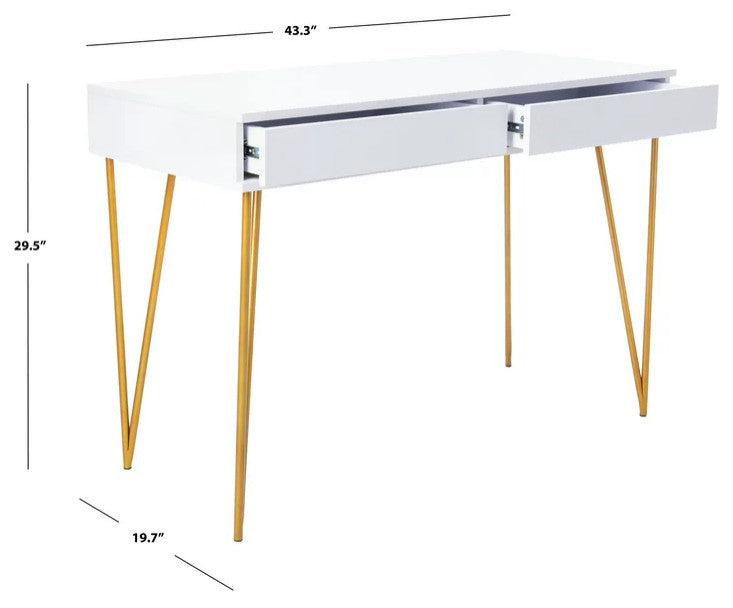 Contemporary Desk, Elegant Hairpin Legs & Handless Storage Drawers, White/Brass