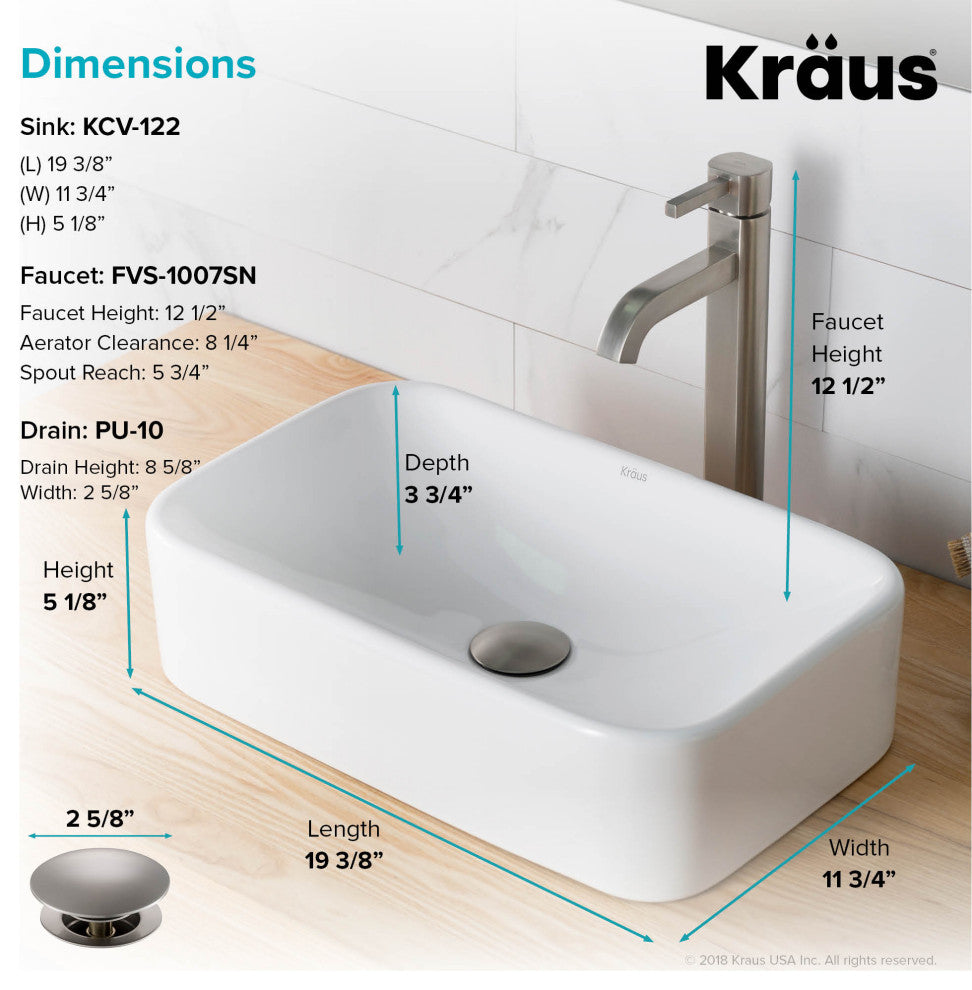 Elavo Rectangle Ceramic Vessel Sink, Bathroom Ramus Faucet, Drain, Nickel
