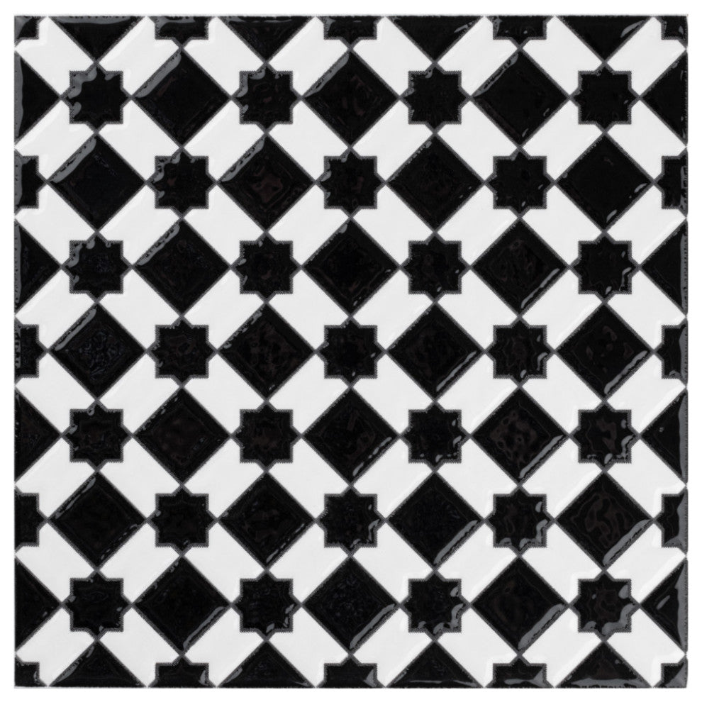 Sevillano Giralda Checkerboard Glossy Black and White Ceramic Wall Tile
