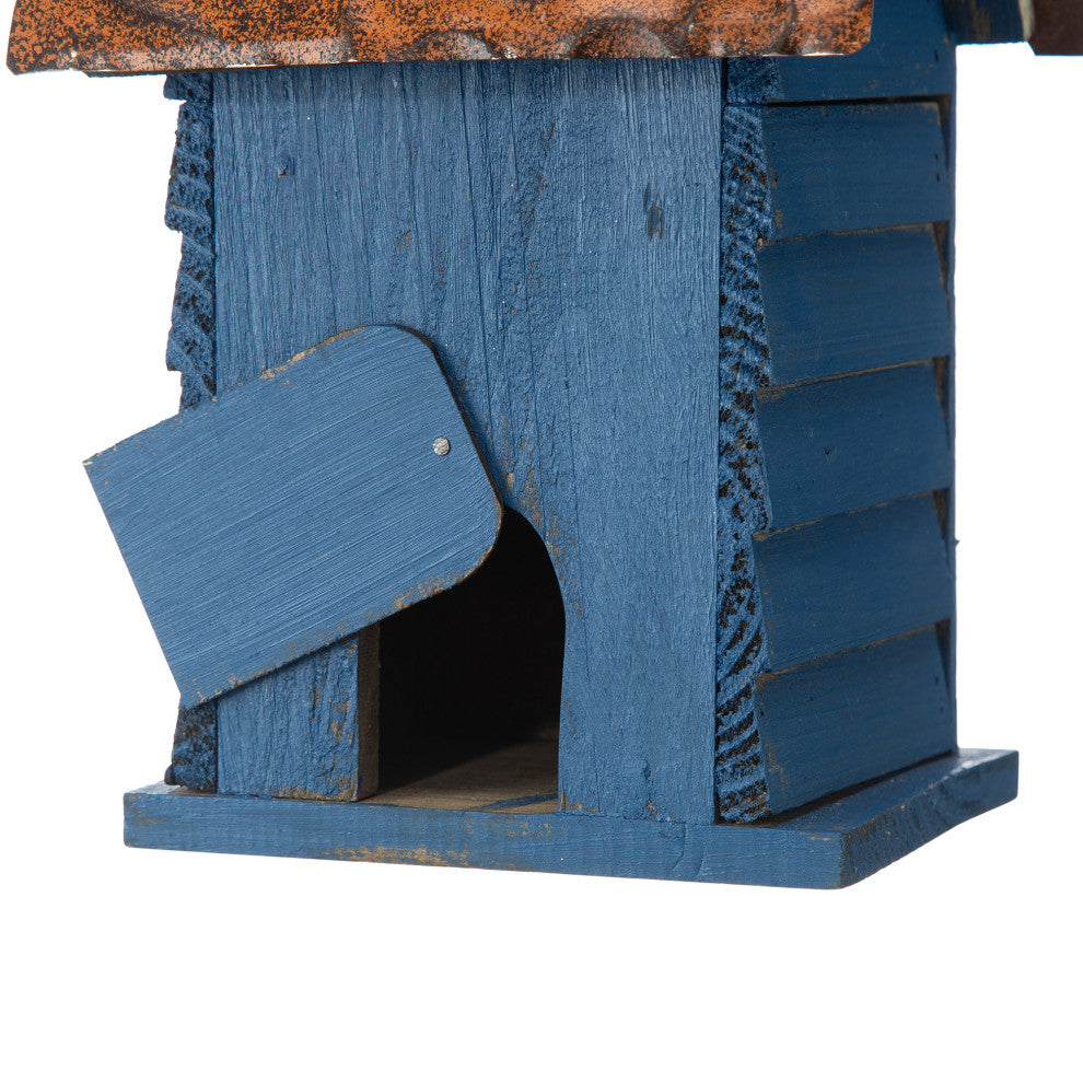 12"H Retro Blue Distressed Solid Wood Cottage Birdhouse