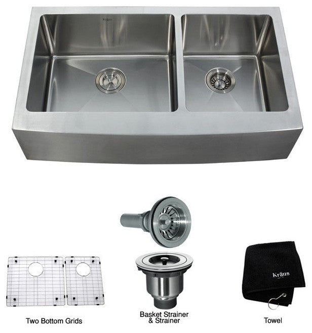 Kraus KHF203-36 36" Farmhouse Double Bowl Stainless Steel Kitchen Sink
