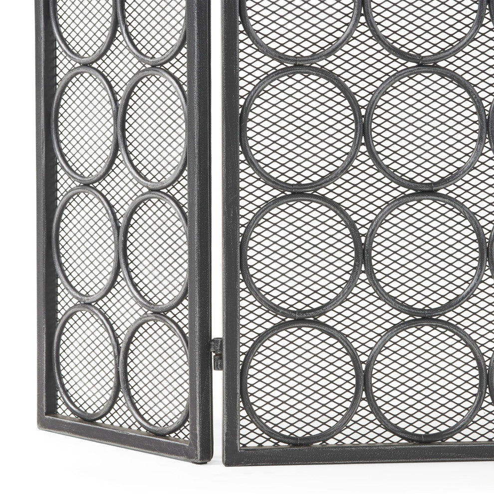 Koda Modern Three Panel Iron Firescreen, Black Silver