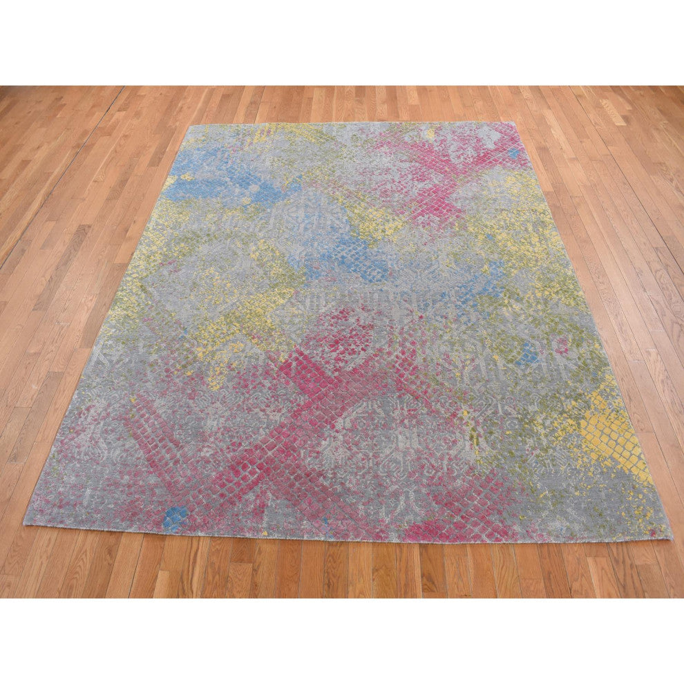 Gray, TRELLIS IN THE SPRING, Wool and Pure Silk, Hand Knotted Rug, 8'x10'