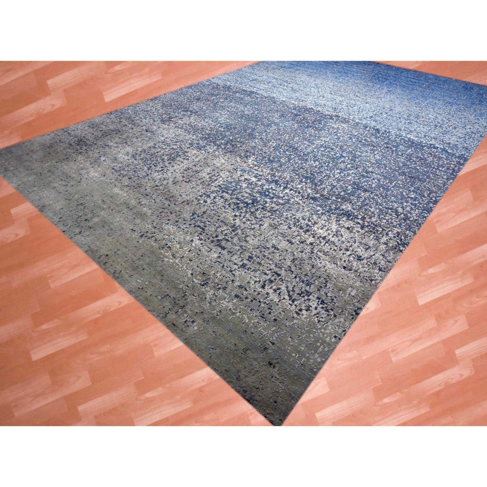 Denim Blue, Modern, Hand Knotted Pure Silk and Wool Oversized Rug, 12'0"x18'0"