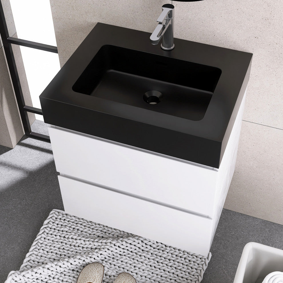 Wood Wall-Mounted Bathroom Vanity Set with Black Integrated Quartz Sand Sink, White, 24"